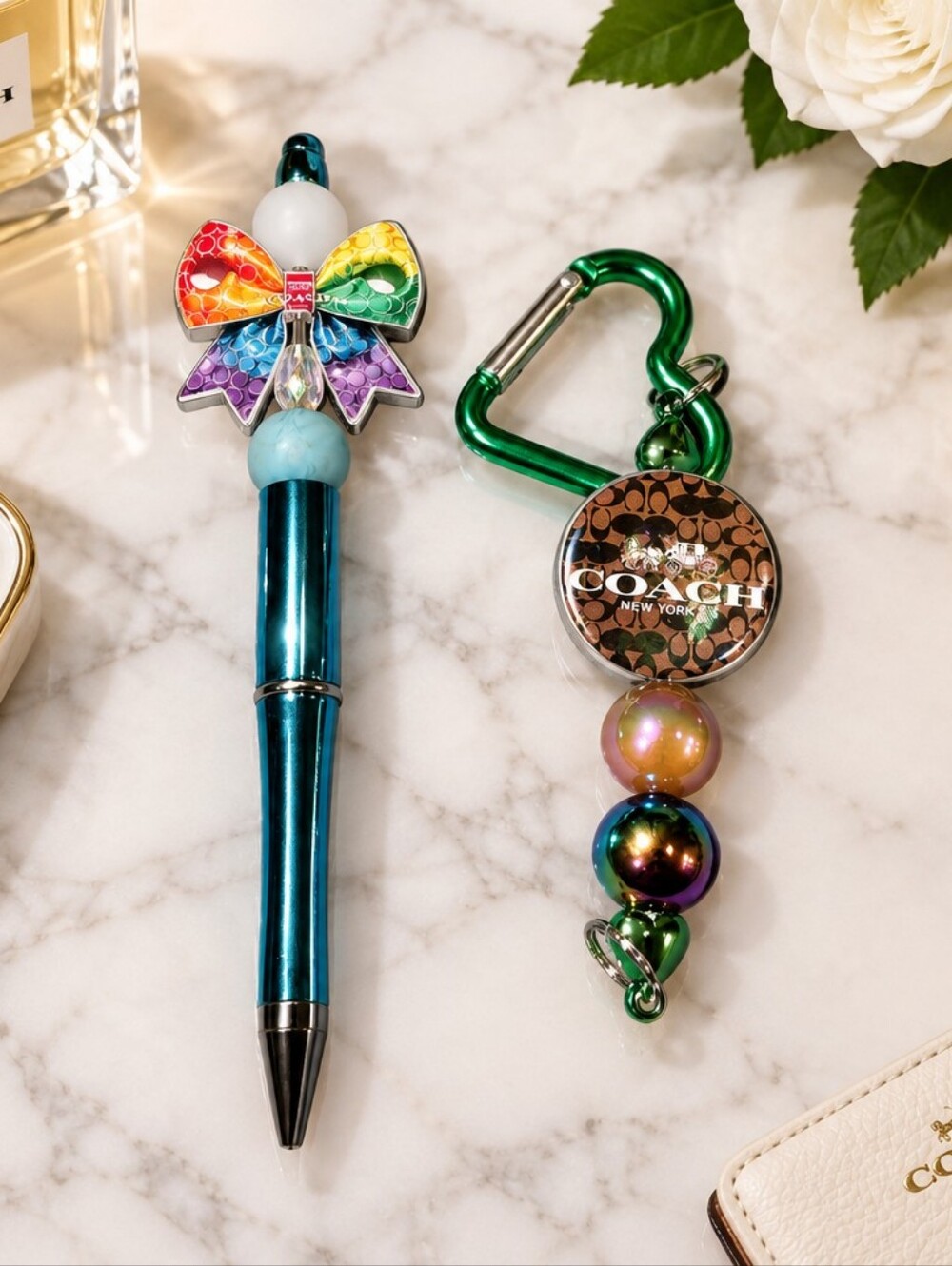 x2 Handcrafted Beaded Pen And Bag Charm Design